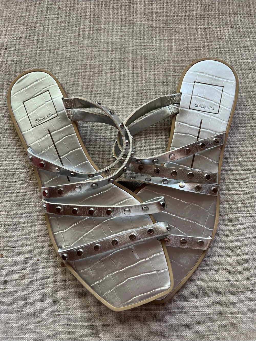Dolce Vita Silver Studded Croc-Embossed Strappy Sandals
